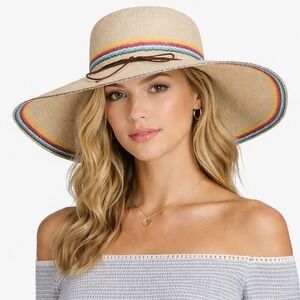 Panama Jack Womens Wide Brim Straw Sun Hat Rainbow Trim Tan PJL722-ASST